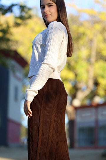 Brown Knit Trousers with Braided Design