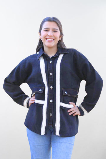 Abrigo Denim Negro Con  Franjas Blancas. Talla Única