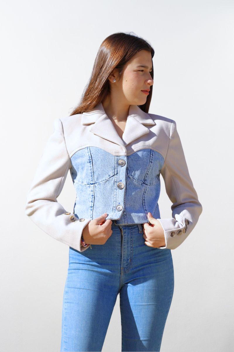 Chaqueta Jean Corte Blazer con Mangas de Lana