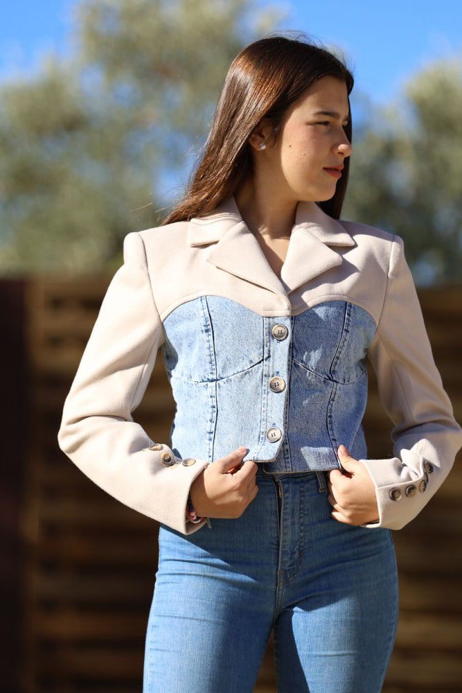 Chaqueta Jean Corte Blazer con Mangas de Lana