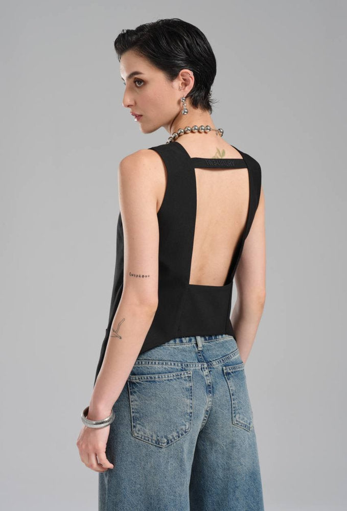 Chaleco Tuxedo Negro Asimétrico Sin Mangas