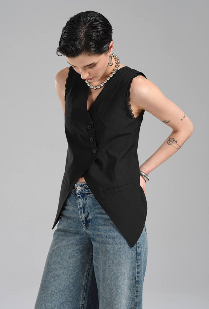 Chaleco Tuxedo Negro Asimétrico Sin Mangas