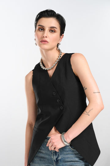 Chaleco Tuxedo Negro Asimétrico Sin Mangas