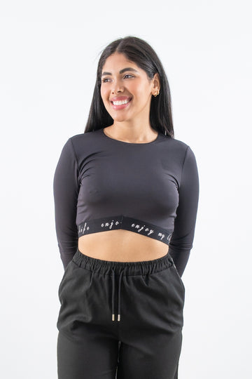 Crop Top Negro Manga Larga "Enjoy Life"