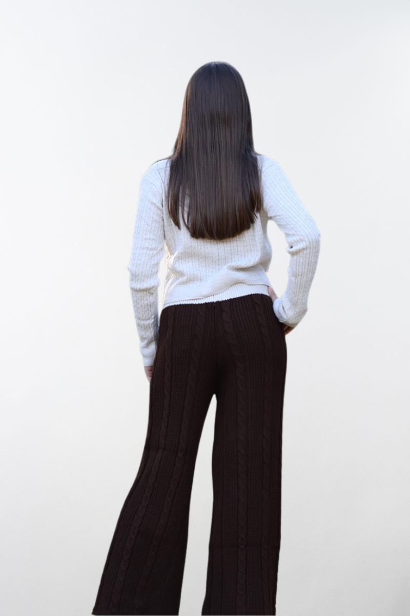 Brown Knit Trousers with Braided Design
