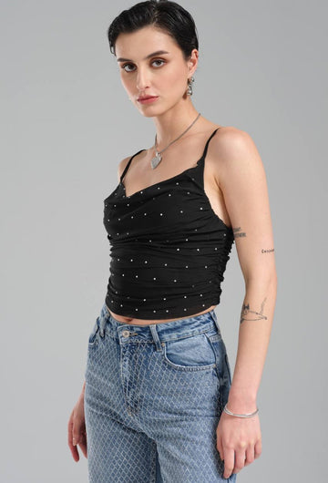 Crop Top Negro Draped con Detalles de Perlas