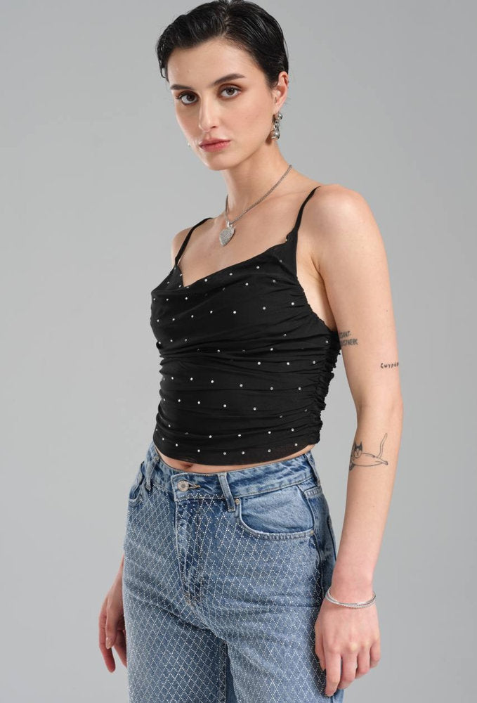 Crop Top Negro Draped con Detalles de Perlas